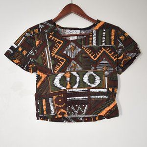 Vintage crop top with tribal pattern & short sleeves in green, brown, white